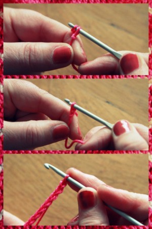  Maak een lusje en haal die door de andere lus. Als je dit een paar keer doet krijg je de eerste rij van een lap.